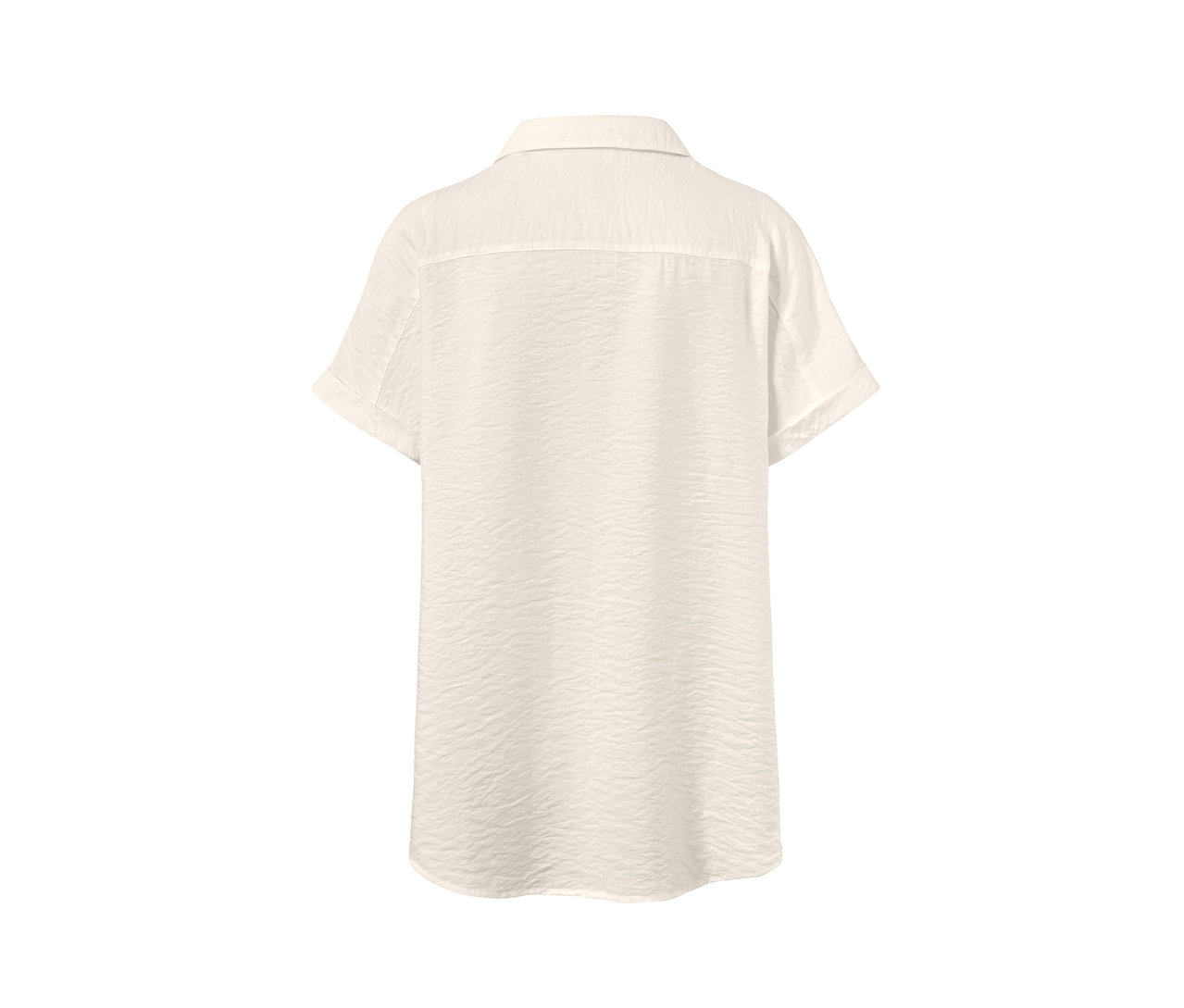 Kısa kollu, krem rengi bir bluzun arka görünümü.