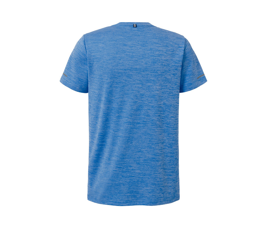 Kırçıllı mavi fonksiyonel tişörtün yakın çekimi.