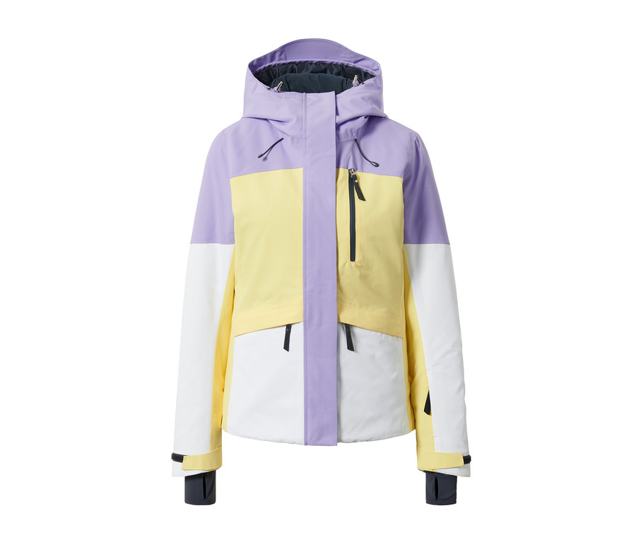 Mor, sarı ve beyaz kayak montu