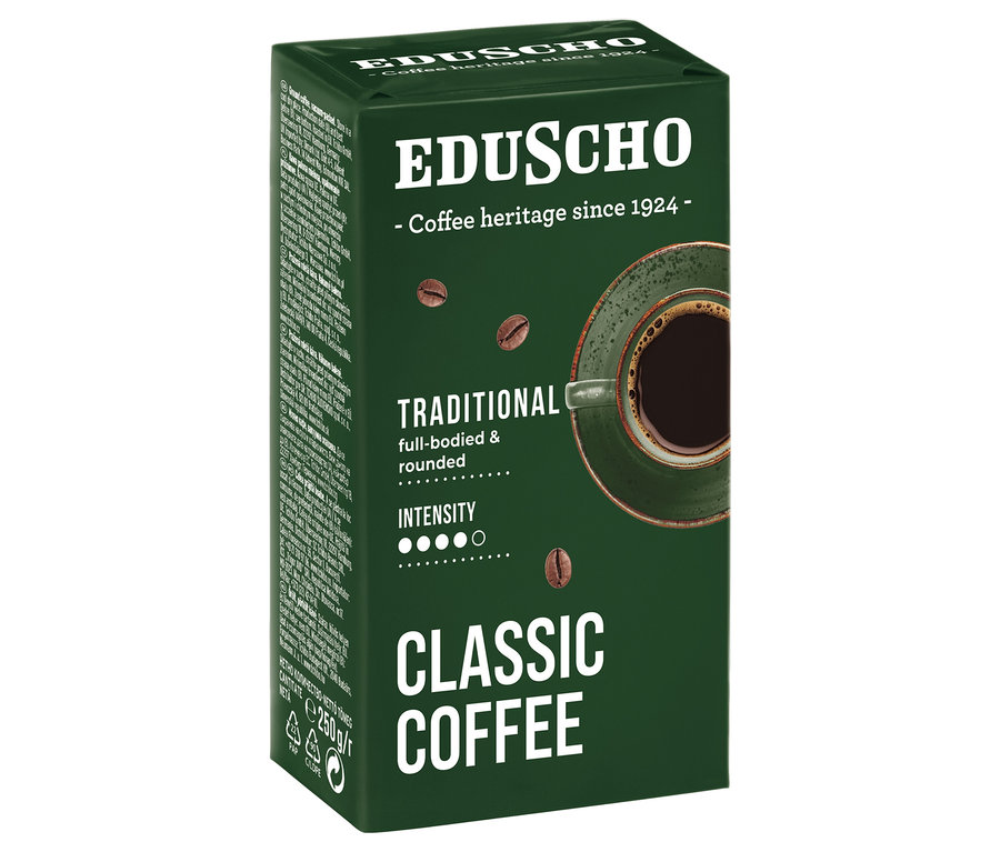 Eduscho Classic Coffee Traditional, 250 g Öğütülmüş Filtre Kahve paketi. Paket koyu yeşil ve bir fincan kahve gösteriyor.
