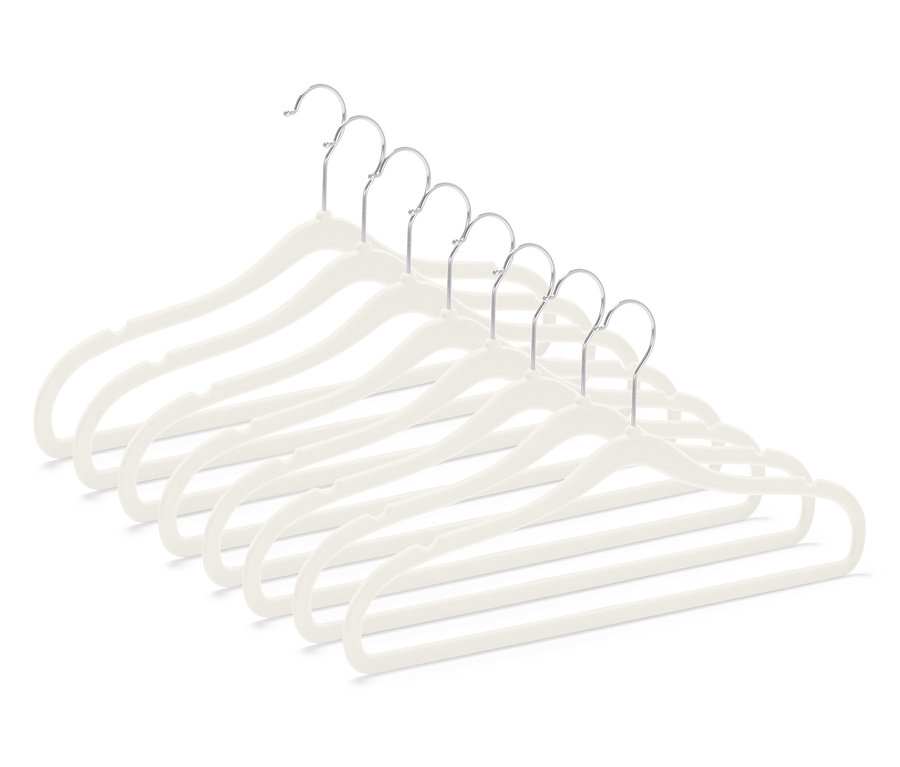 Krem rengi, krom kaplamalı kancalı sekiz adet ekstra dar elbise askısı.
