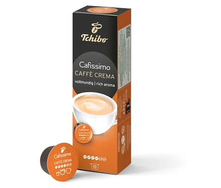 Bir paket Cafissimo Caffè Crema Rich Aroma ve bir kapsül görülüyor.