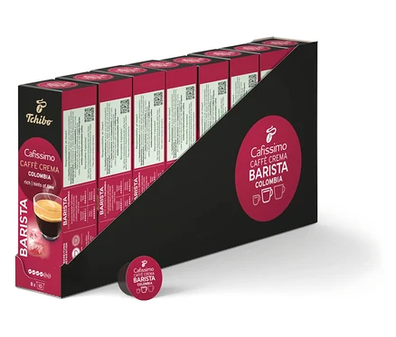 Bir paket Cafissimo Barista Colombia kahve kapsülü. Kapsüller siyah bir ambalaj içinde düzenlenmiştir.