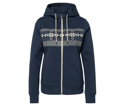 Lacivert kapüşonlu, fermuarlı, beyaz desenli sweatshirt.
