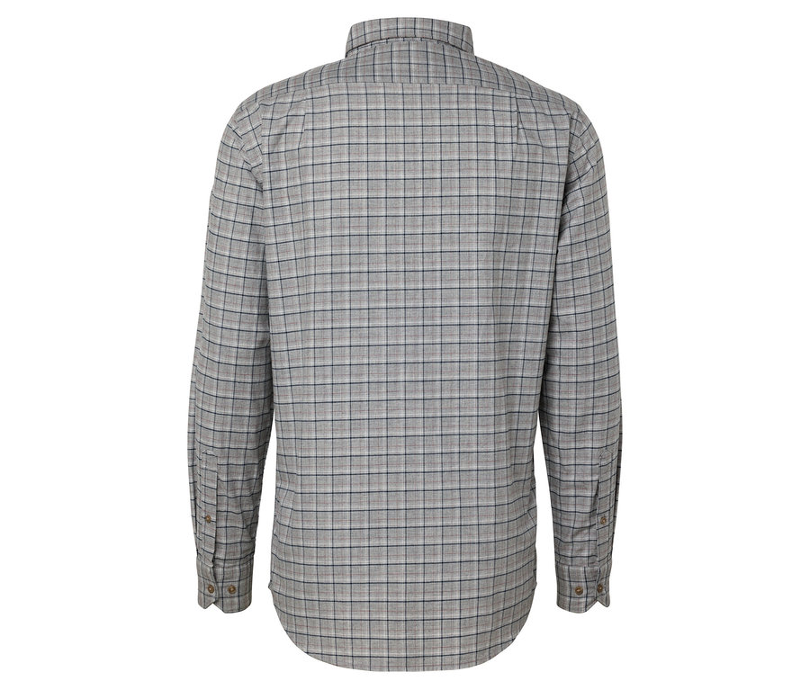 Uzun kollu kareli bir gömleğin arka görünümü.