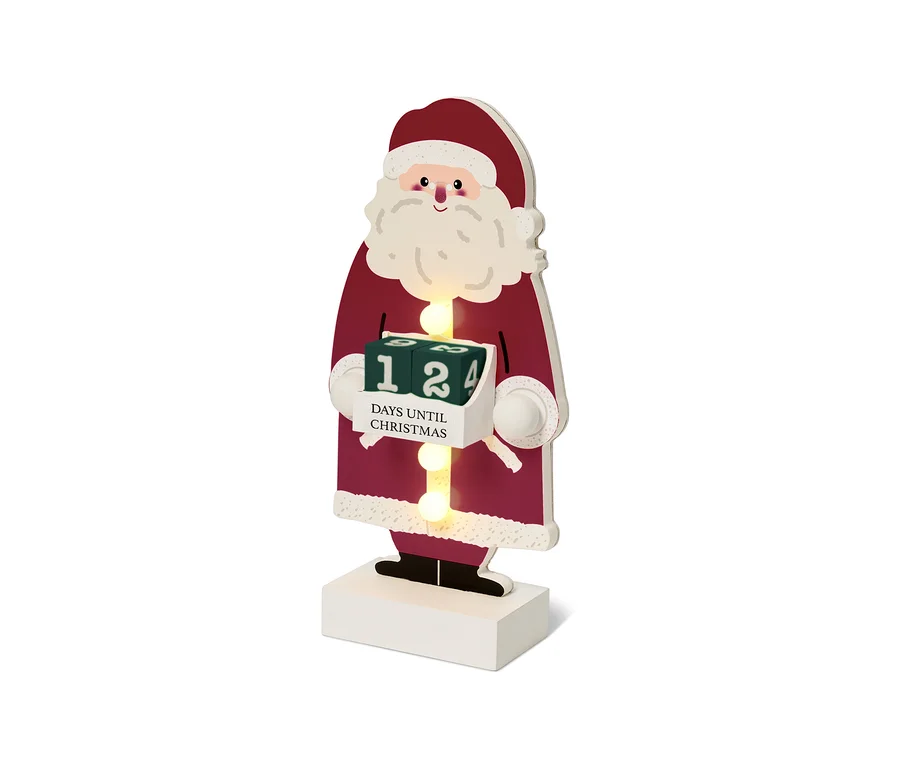 Noel'e kadar günleri sayan bloklara sahip ahşap Noel Baba dekorasyonu.