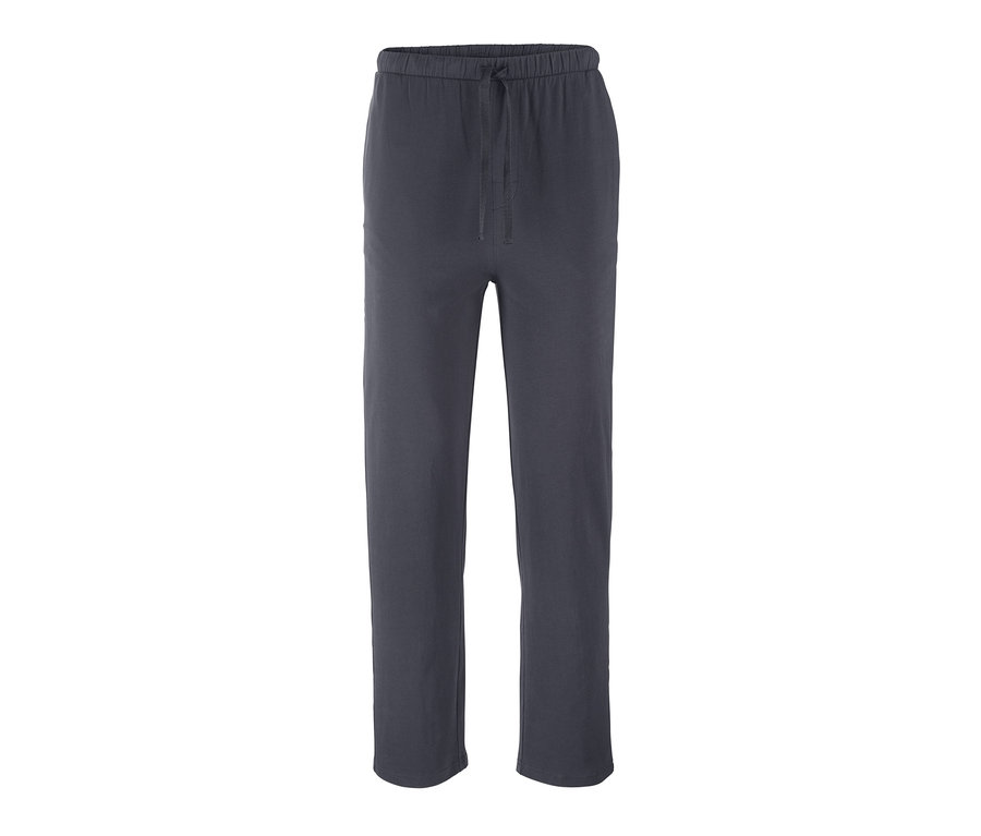 Belinde ipli, uzun, gri jarse pijama altı.
