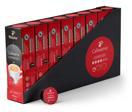Siyah ve kırmızı ambalajında bir paket Espresso Elegant Aroma - 80 Kapsül.