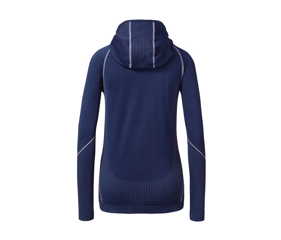 Kapüşonlu, dikişsiz, lacivert fonksiyonel üstün arka görünümü.