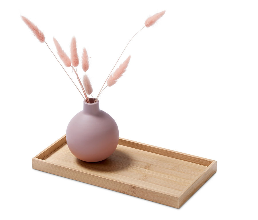 Dekoratif Tepsi pembe vazo ve tüylerle. 