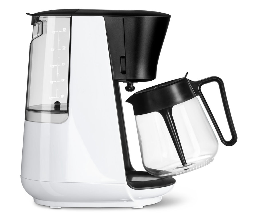 Beyaz »Let's Brew« Filtre Kahve Makinesi, çıkarılabilir cam sürahi ile birlikte.