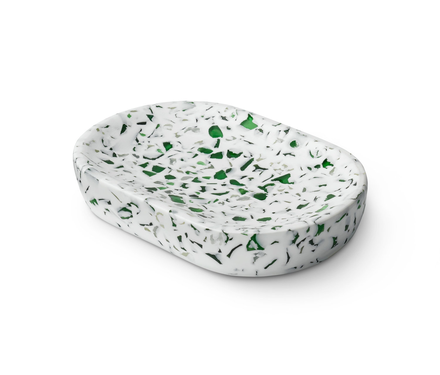 Beyaz zeminli ve yeşil lekeli oval sabunluk.