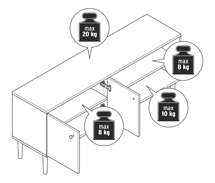 Maksimum taşıma kapasitesi belirtilmiş 2 Kapaklı ve 2 Açık Bölmeli Alçak Büfe