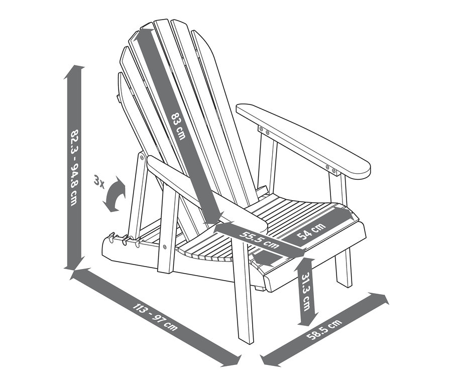 Tekli Adirondack uzatılabilir ayak destekli rahat şezlongun boyutları belirtilmiş çizimi.