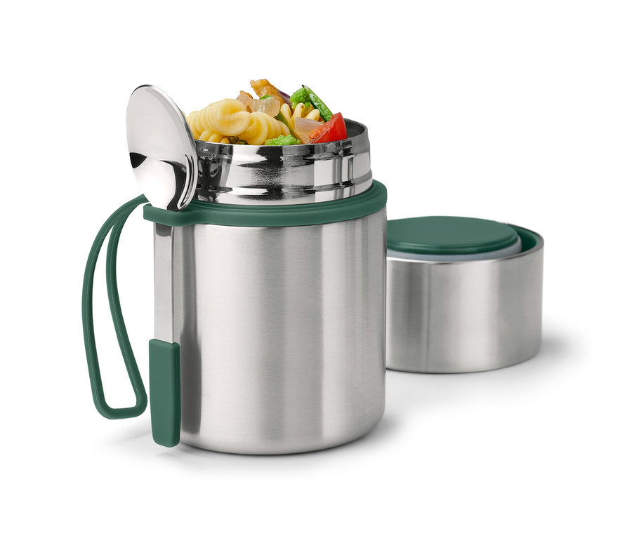 Açık Taşınabilir Termos Kap içinde makarna ve kaşık bulunuyor.