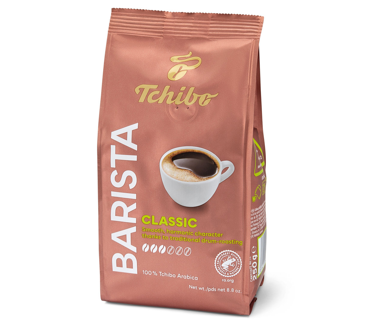 Bir paket Tchibo Barista Classic çekilmiş kahve, üzerinde bir fincan kahve resmi bulunuyor.