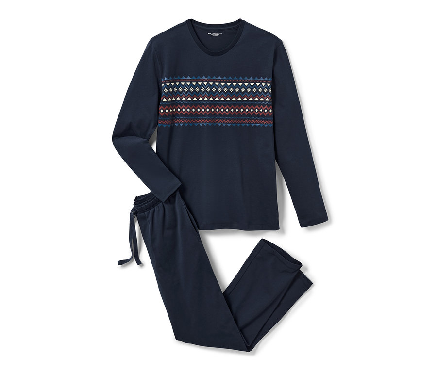 Uzun kollu, Norveç desenli lacivert pijama takımı.