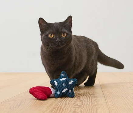 Siyah bir kedi, ahşap bir zeminde Kedi Oyuncağı'nın yanında duruyor.