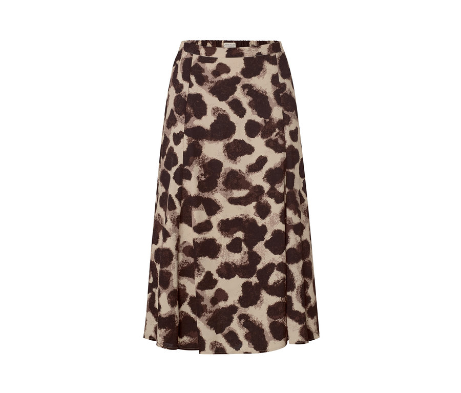 Bej zemin üzerine kahverengi hayvan desenli midi etek.