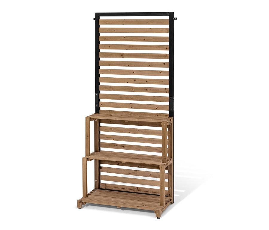 Siyah çerçeveli, kahverengi ahşaptan »Elin« raflı paravan modülü.