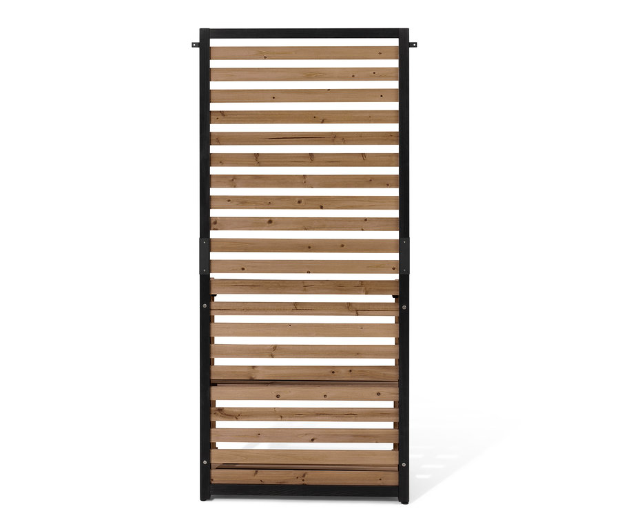 Ahşap lamelli ve siyah çerçeveli »Elin« Raflı Paravan Modülü.