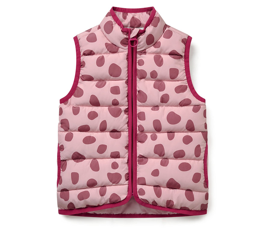 Bordo puantiyeli ve bordo şeritli pembe kapitone yelek.