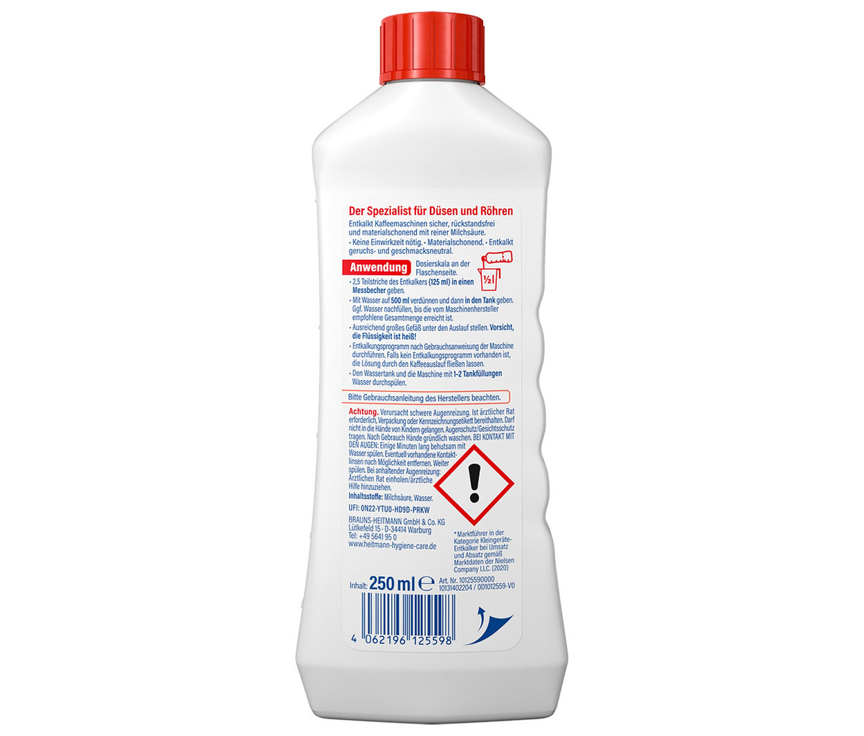 Beyaz plastik şişede, kırmızı kapaklı HEITMANN Kahve Makinesi Kireç Sökücü ve Temizleme Sıvısı.