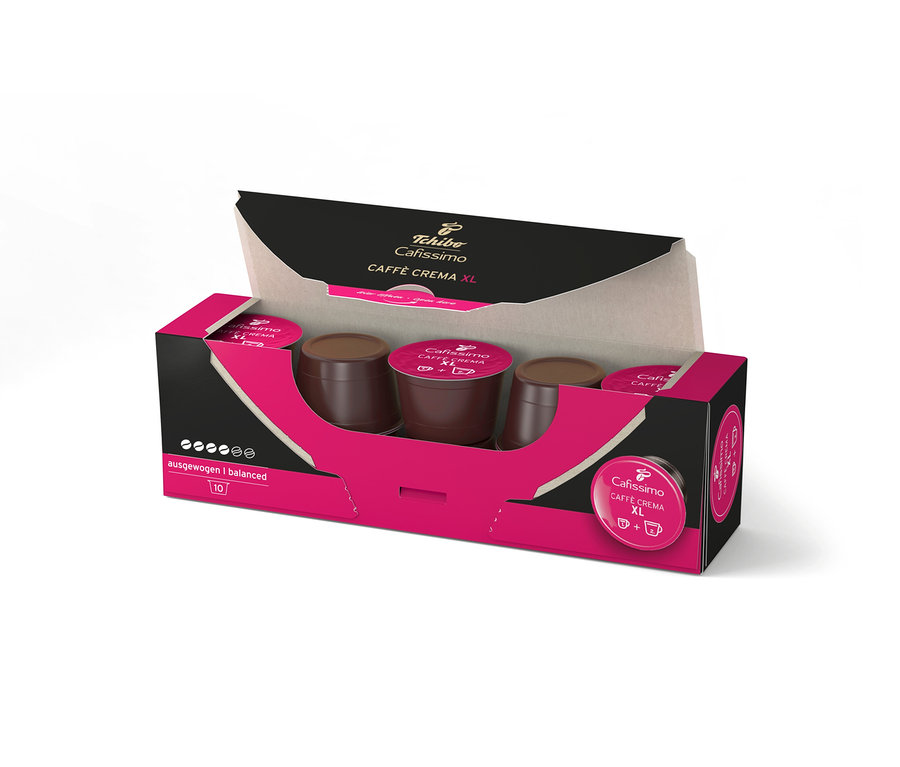 Açılmış bir kutu Cafissimo Caffè Crema XL kahve kapsülü.