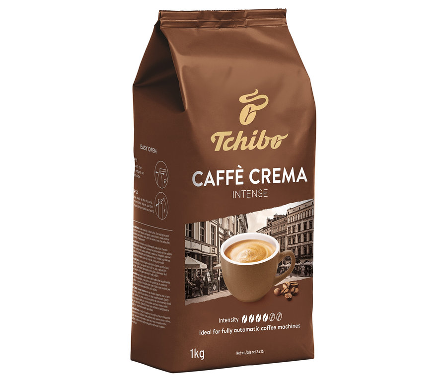 Kahverengi Tchibo Caffè Crema Intense 1 kg kahve çekirdekleri paketi.
