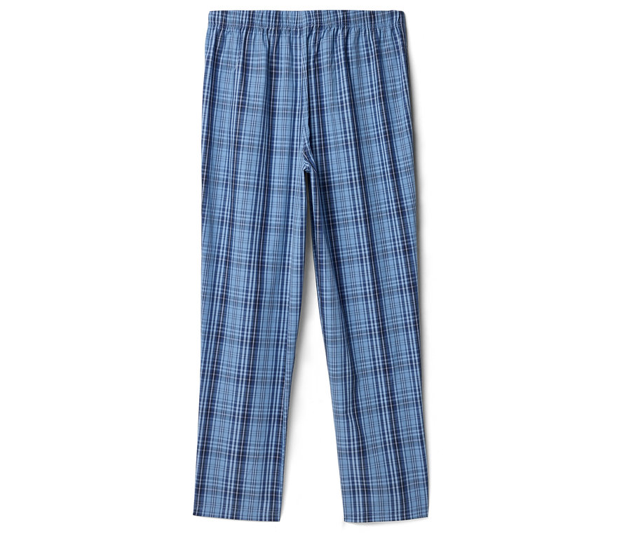 Mavi kareli bir pijama altı beyaz bir zeminde düz bir şekilde duruyor.