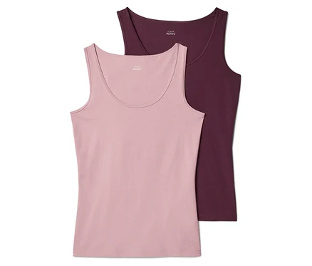Pembe ve bordo renkli iki adet atlet üst üste duruyor. Her ikisi de yuvarlak yakalı ve kolsuz.