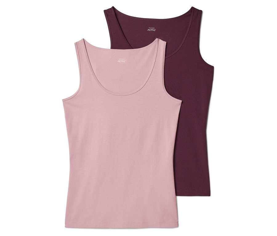 Pembe ve bordo renkli iki adet atlet üst üste duruyor. Her ikisi de yuvarlak yakalı ve kolsuz.