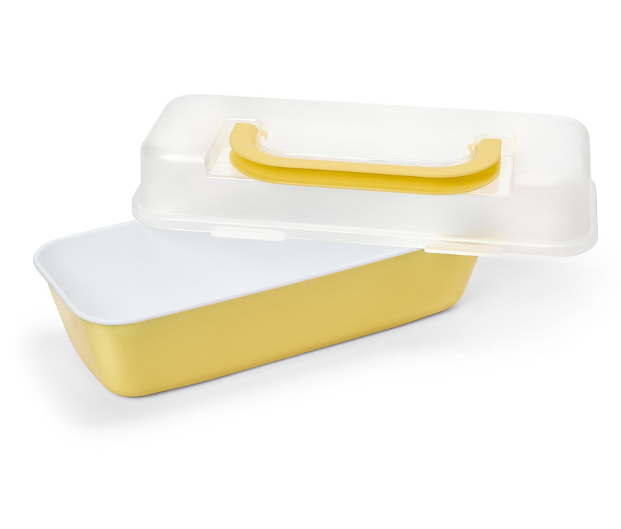 Sarı renkli ekmek kutusu, kısmen açık, şeffaf kapaklı ve sarı saplı.