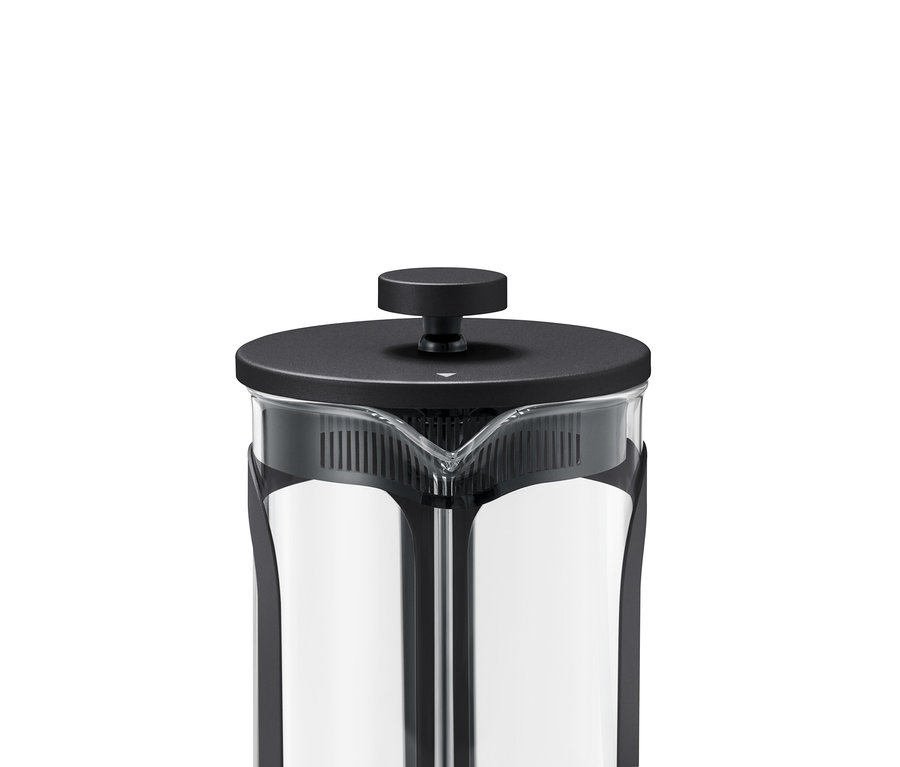 800 ml kapasiteli siyah French Press'in yakın çekimi