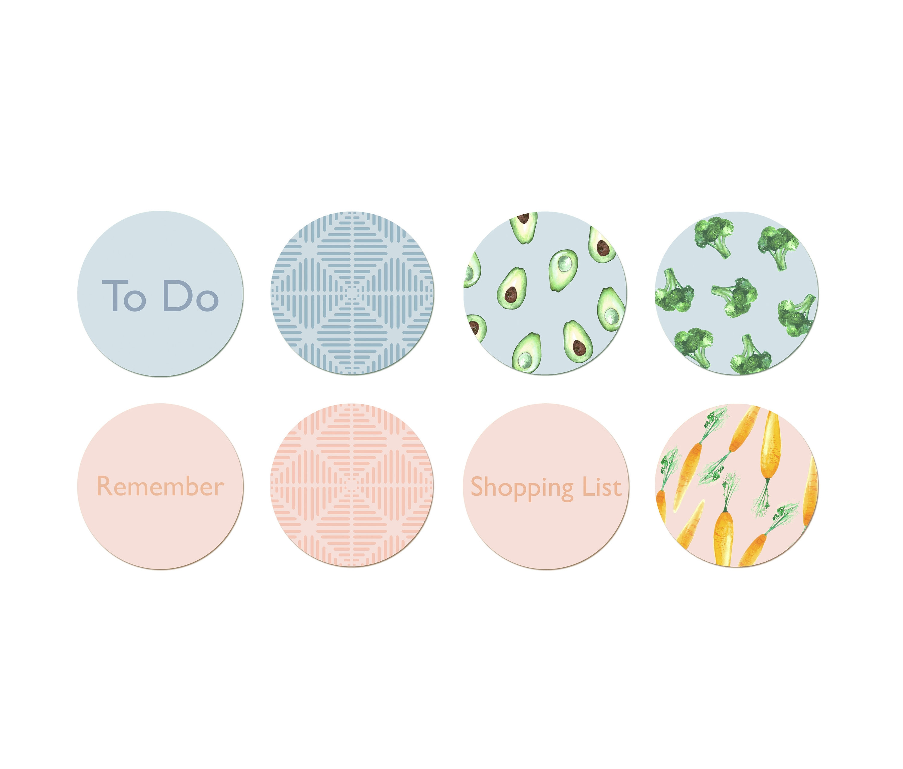 Üzerinde yazı ve resimler bulunan sekiz adet yuvarlak çıkartma çizimi: 'Yapılacaklar', desen, avokado, brokoli, 'Hatırla', desen, 'Alışveriş Listesi', havuç.