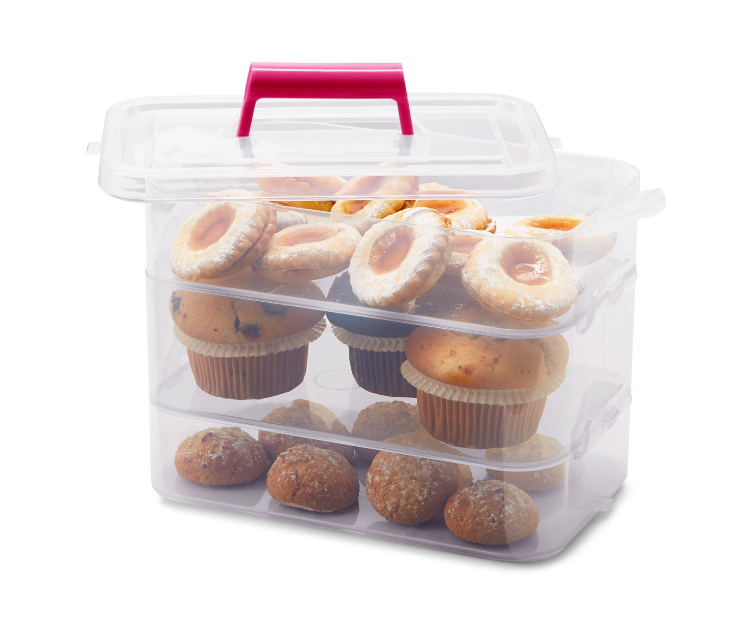 Muffin ve kurabiyelerle dolu üç katlı Saklama Kutusu Seti.