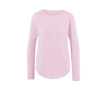Açık pembe, uzun kollu spor tişörtü.