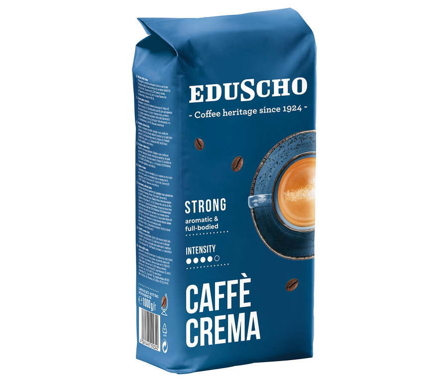 Mavi ambalajlı Eduscho Caffè Crema Strong - 1 kg Çekirdek Kahve.