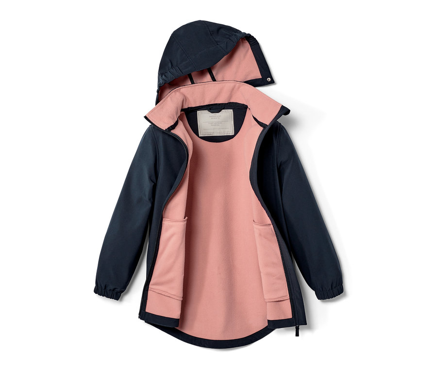 Kapüşonlu ve pembe astarlı lacivert Çocuk Softshell Mont.