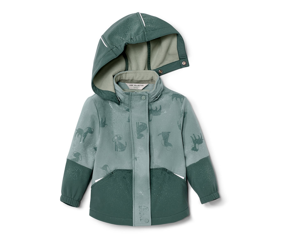Yeşil, yağmurda renk değiştiren çocuk softshell mont.