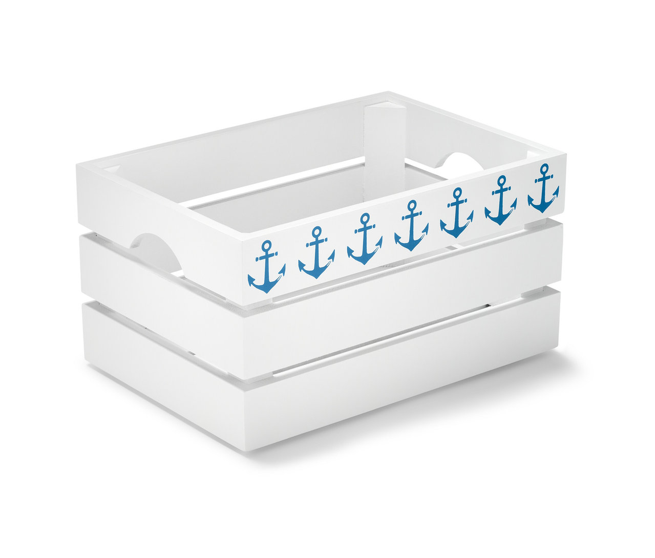 Beyaz zemin üzerinde mavi çapa desenli dekoratif ahşap kasa.