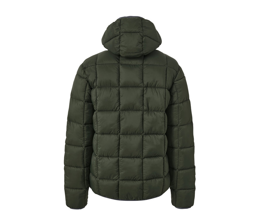 Arkadan kapüşonlu haki kapitone mont.