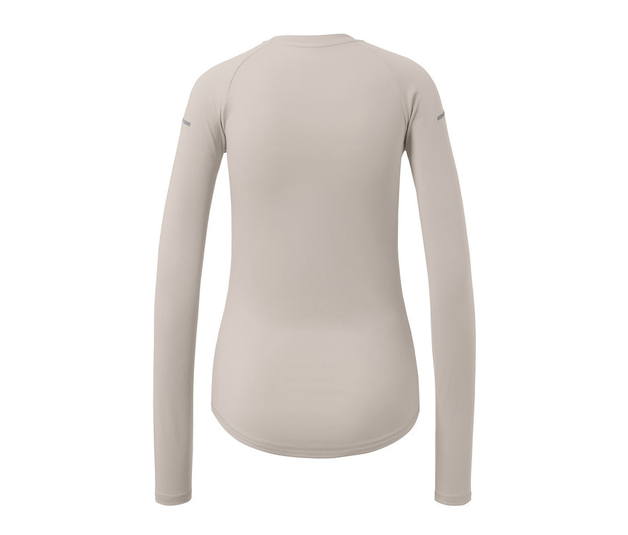 Uzun kollu, gri fonksiyonel tişörtün arkadan görünümü.