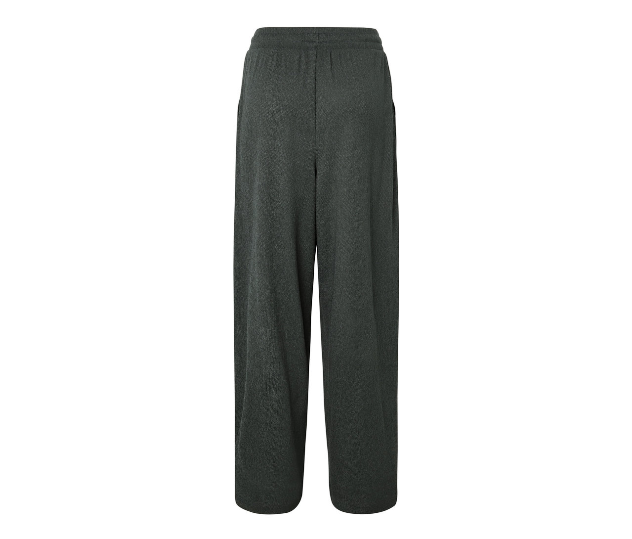 Kırışık görünümlü yeşil slip-on pantolonun arka görünümü.