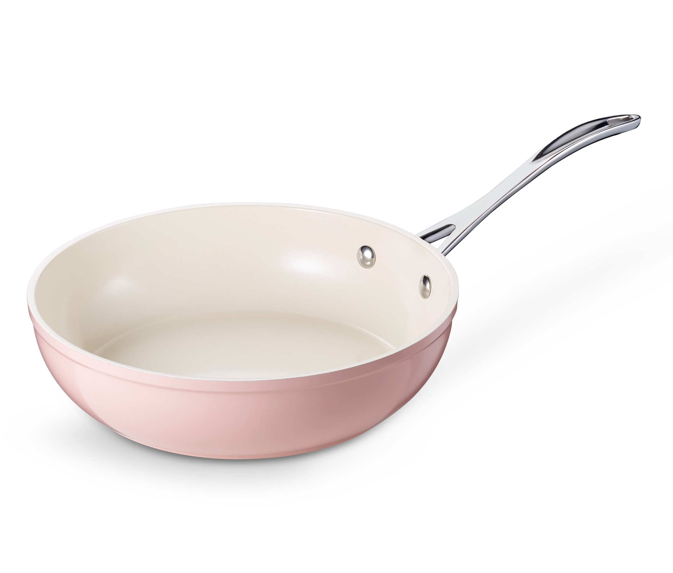 Pembe seramik kaplamalı tava, çapı yaklaşık 24 cm, paslanmaz çelik saplı.