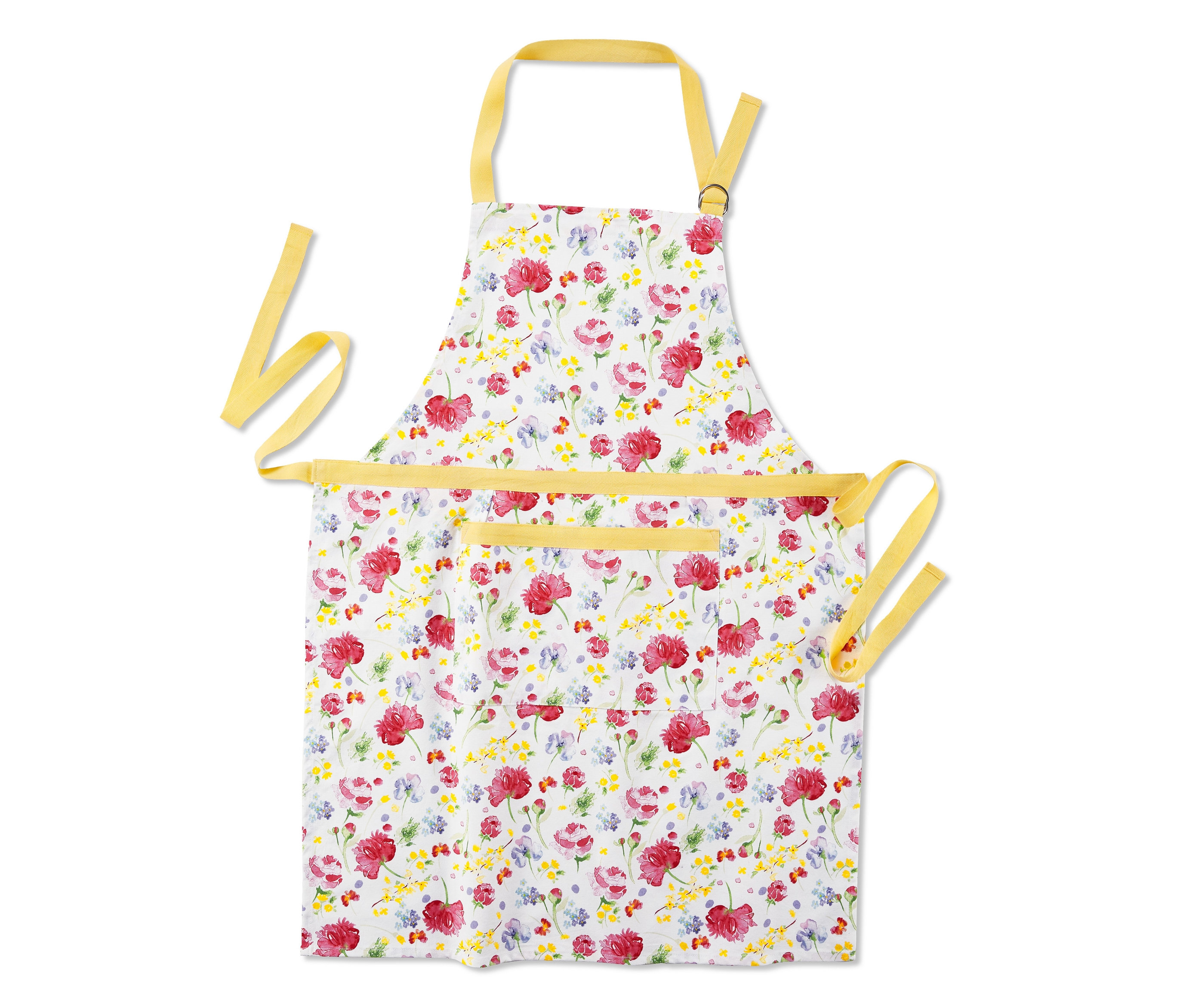 Kırmızı çiçekli, sarı detaylı beyaz mutfak önlüğü.