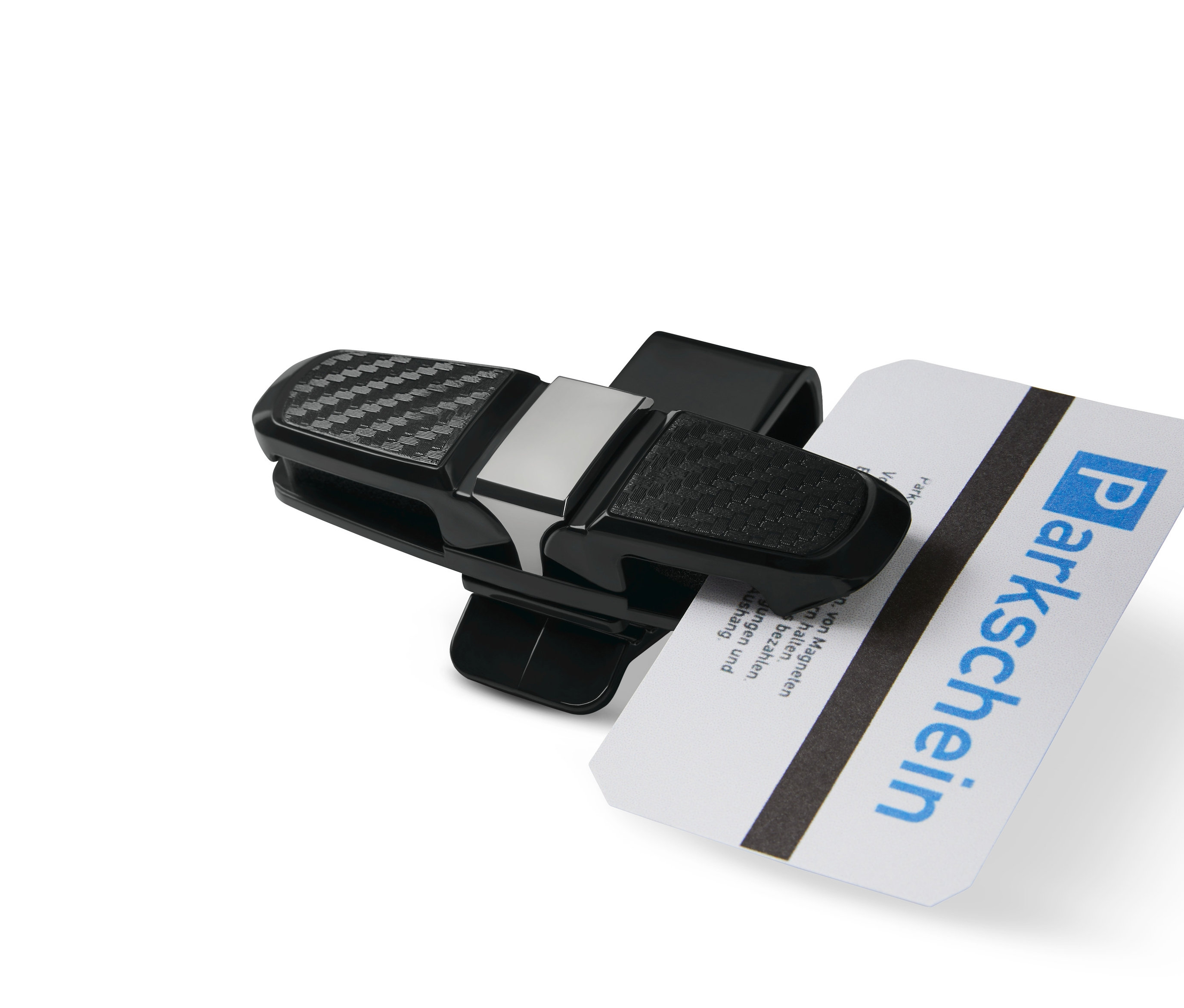 Siyah Gözlük Tutucu Araba Klipsi bir park kartını tutuyor.