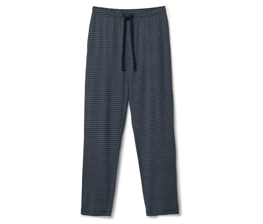 Büzgülü belli, uzun, mavi kareli bir pijama altı.