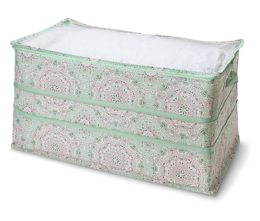Yeşil desenli, pembe detaylı kapaklı Jumbo-Aufbewahrung gösteriliyor.