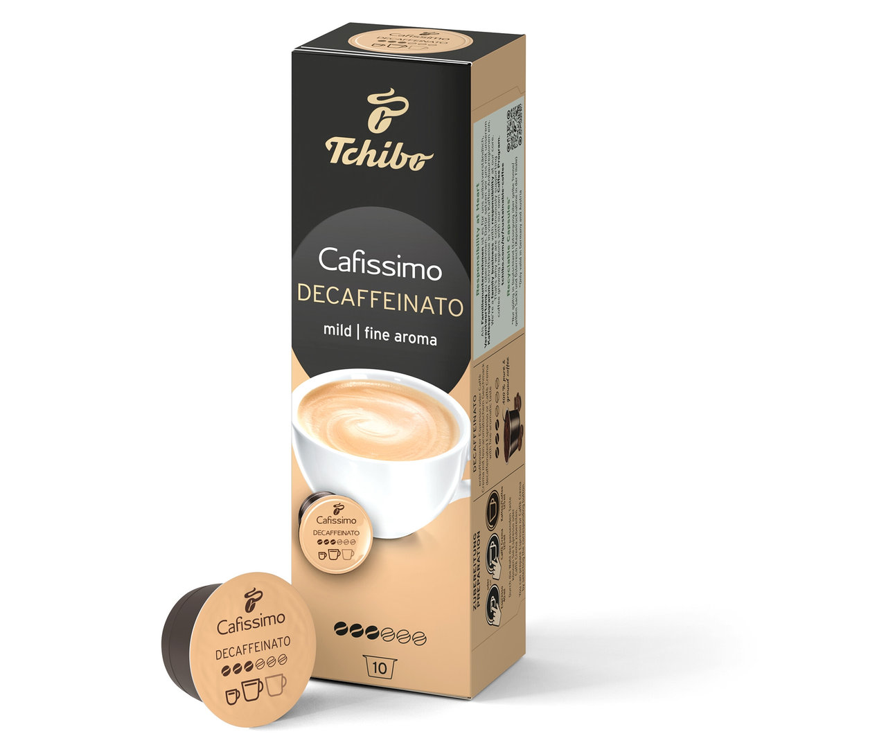 Bir kutu Caffè Crema Decaffeinato Kapsül Kahve - 10 Kapsül, tek bir kapsülün yanında duruyor.